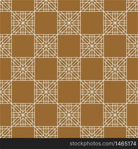Seamless geometric Japanese woodwork ornament.Golden color background and white layer lines.Average thickness.For wrapping,fabric,textile,disign template,laser cutting.Square grid.Chess order.. Seamless traditional Japanese ornament.Golden color background.White lines.