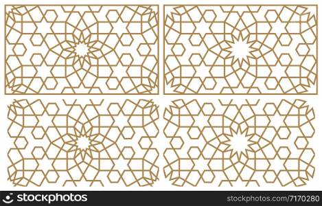 Seamless geometric ornament based on traditional arabic art.Two versions of the ornament and the pattern in the frame and just a pattern for reproduction.Thick lines.. Seamless arabic geometric ornament in brown color.Frame and pattern.