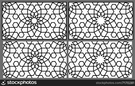Seamless geometric ornament based on traditional arabic art.Two versions of the ornament and the pattern in the frame and just a pattern for reproduction.Thick lines.. Seamless arabic geometric ornament in black color.Frame and pattern.