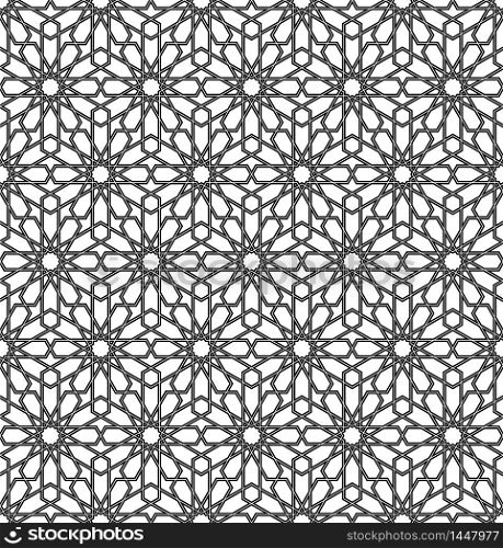 Seamless geometric ornament based on traditional arabic art.Black and white lines.Great design for textile,cover,wrapping paper,background,laser cutting.Doubled lines.Vector illustration.. Seamless arabic geometric ornament in black and white.Vector illustration.