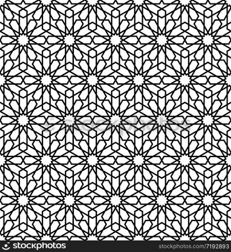 Seamless geometric ornament based on traditional arabic art.Black and white lines.Great design for textile,cover,wrapping paper,background,laser cutting.Thick lines.Vector illustration.. Seamless arabic geometric ornament in black and white.Vector illustration.