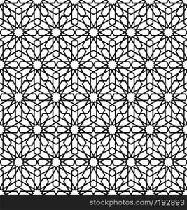 Seamless geometric ornament based on traditional arabic art.Black and white lines.Great design for textile,cover,wrapping paper,background,laser cutting.Thick lines.Vector illustration.. Seamless arabic geometric ornament in black and white.Vector illustration.