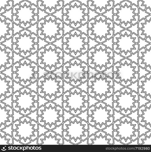 Seamless geometric ornament based on traditional arabic art.Black and white lines.Great design for textile,cover,wrapping paper,background,laser cutting.Contoured lines.Vector illustration.. Seamless geometric pattern based on arabic ornament.Black and white.Vector illustration.