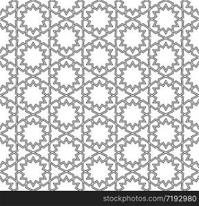 Seamless geometric ornament based on traditional arabic art.Black and white lines.Great design for textile,cover,wrapping paper,background,laser cutting.Contoured lines.Vector illustration.. Seamless geometric pattern based on arabic ornament.Black and white.Vector illustration.