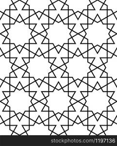 Seamless geometric ornament based on traditional arabic art.Black lines and white background.Great design for fabric,textile,cover,wrapping paper,background,laser cutting.Average thickness lines.. Seamless arabic geometric ornament in black and white.Average thickness lines.