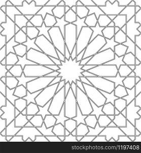 Seamless geometric ornament based on traditional arabic art.Black lines and white background.Great design for fabric,textile,cover,wrapping paper,background.Average thickness.Contoured lines.. Seamless arabic geometric ornament in black and white.Average thickness lines.Contoured.