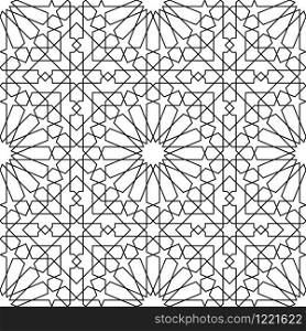 Seamless geometric ornament based on traditional arabic art.Black lines and white background.Great design for fabric,textile,cover,wrapping paper,background.Average thickness.. Seamless arabic geometric ornament in black and white.Average thickness lines.