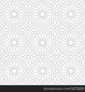 Seamless geometric ornament based on traditional arabic art.Black lines and white background.Great design for fabric,textile,cover,wrapping paper,background.Ultra-thin lines.. Seamless arabic geometric ornament in black and white.Average thickness lines.