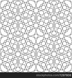 Seamless geometric ornament based on traditional arabic art.Black lines and white background.Great design for fabric,textile,cover,wrapping paper,background.Thin lines.. Seamless arabic geometric ornament in black and white.Fine lines.