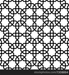 Seamless geometric ornament based on traditional arabic art.Black lines and white background.Great design for fabric,textile,cover,wrapping paper,background.Thick lines.ROUNDED corners.. Seamless arabic geometric ornament in black and white.Thick lines.ROUNDED corners.