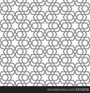Seamless geometric ornament based on traditional arabic art.Black lines and white background.Great design for fabric,textile,cover,wrapping paper,background.Contoured lines.. Seamless arabic geometric ornament in black and white.Contoured lines.