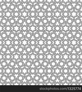 Seamless geometric ornament based on traditional arabic art.Black lines and white background.Great design for fabric,textile,cover,wrapping paper,background.Contoured lines.. Seamless arabic geometric ornament in black and white.Contoured lines.