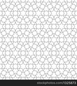 Seamless geometric ornament based on traditional arabic art.Black lines and white background.Great design for fabric,textile,cover,wrapping paper,background.Fine lines.. Seamless arabic geometric ornament in black and white.Fine lines.