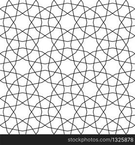 Seamless geometric ornament based on traditional arabic art.Black lines and white background.Great design for fabric,textile,cover,wrapping paper,background.Fine lines.. Seamless arabic geometric ornament in black and white.Fine lines.