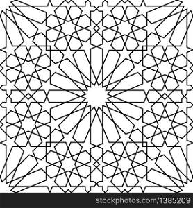 Seamless geometric ornament based on traditional arabic art.Black lines and white background.Great design for fabric,textile,cover,wrapping paper,background.Average thickness lines.. Seamless arabic geometric ornament in black and white.Average thickness lines.