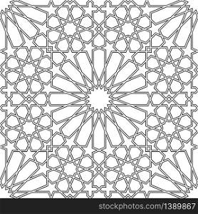 Seamless geometric ornament based on traditional arabic art.Black lines and white background.Great design for fabric,textile,cover,wrapping paper,background.Average thickness contoured lines.. Seamless arabic geometric ornament in black and white.Average thickness contoured lines.