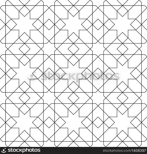 Seamless geometric ornament based on traditional arabic art.Black lines and white background.Great design for fabric,textile,cover,wrapping paper,background.Thin lines.. Seamless arabic geometric ornament in black and white.Thin lines.