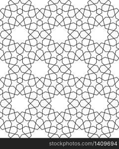 Seamless geometric ornament based on traditional arabic art.Black lines and white background.Great design for fabric,textile,cover,wrapping paper,background.Average thickness lines.. Seamless arabic geometric ornament in black and white.Average thickness lines.