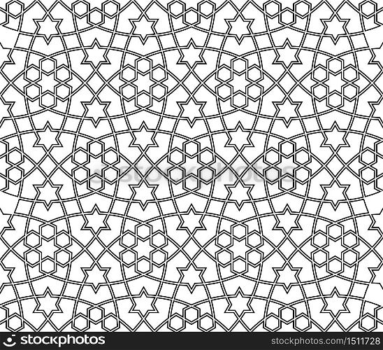 Seamless geometric ornament based on traditional arabic art.Black lines and white background.Great design for fabric,textile,cover,wrapping paper,background.Average doubled lines.. Seamless arabic geometric ornament in black and white.Average doubled lines.