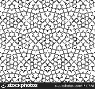 Seamless geometric ornament based on traditional arabic art.Black lines and white background.Great design for fabric,textile,cover,wrapping paper,background.Average doubled lines.. Seamless arabic geometric ornament in black and white.Average doubled lines.