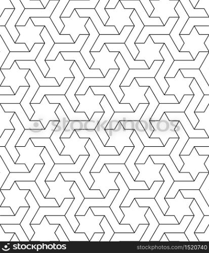 Seamless geometric ornament based on traditional arabic art.Black lines and white background.Great design for fabric,textile,cover,wrapping paper,background.Thin lines.. Seamless arabic geometric ornament in black and white.Thin lines.