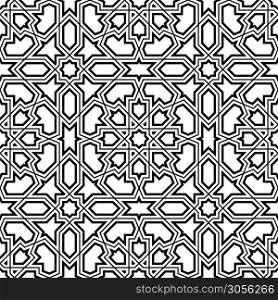Seamless geometric ornament based on traditional arabic art.Black lines and white background.Great design for fabric,textile,cover,wrapping paper,background.Fine and average lines.. Seamless arabic geometric ornament in black and white.Fine and average lines.