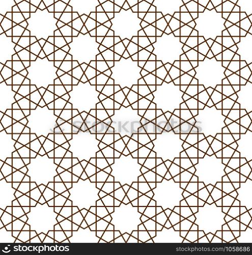 Seamless geometric ornament based on traditional arabic art.Brown color lines.Great design for fabric,textile,cover,wrapping paper,background.Average lines.. Seamless arabic geometric ornament in brown color.