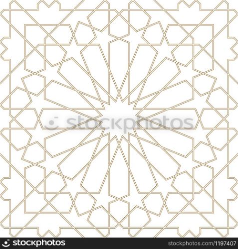Seamless geometric ornament based on traditional arabic art.Brown color lines.Great design for fabric,textile,cover,wrapping paper,background.Average thickness.Contoured lines.. Seamless arabic geometric ornament in brown color.Average thickness lines.Contoured.