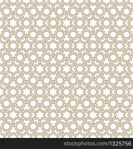 Seamless geometric ornament based on traditional arabic art.Brown color lines.Great design for fabric,textile,cover,wrapping paper,background.Contoured lines.. Seamless arabic geometric ornament in brown color.Contoured lines.
