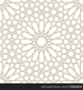 Seamless geometric ornament based on traditional arabic art.Brown color lines.Great design for fabric,textile,cover,wrapping paper,background.Average thickness contoured lines.. Seamless arabic geometric ornament in brown color.Average thickness contoured lines.