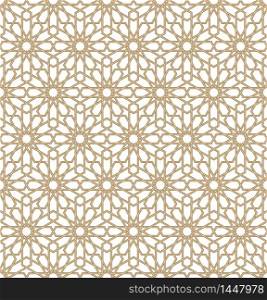 Seamless geometric ornament based on traditional arabic art.Brown color lines.Great design for fabric,textile,cover,wrapping paper,background.Doubled lines.. Seamless arabic geometric ornament in brown color.