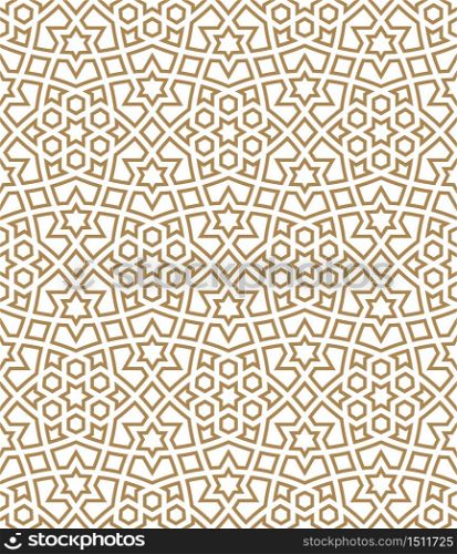 Seamless geometric ornament based on traditional arabic art.Brown color lines.Great design for fabric,textile,cover,wrapping paper,background.Thick doubled lines.. Seamless arabic geometric ornament in brown color.Thick doubled lines.