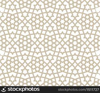 Seamless geometric ornament based on traditional arabic art.Brown color lines.Great design for fabric,textile,cover,wrapping paper,background.Average doubled lines.. Seamless arabic geometric ornament in brown color.Average doubled lines.