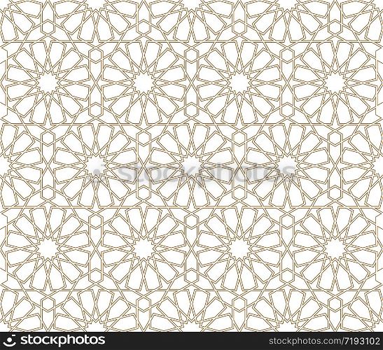Seamless geometric ornament based on traditional arabic art.Brown color lines.Great design for fabric,textile,cover,wrapping paper,background.Option with two thin lines.Average thickness.. Seamless arabic geometric ornament in brown color.