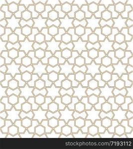 Seamless geometric ornament based on traditional arabic art.Brown color lines.Great design for fabric,textile,cover,wrapping paper,background.Outlines.. Seamless arabic geometric ornament in brown color.
