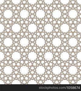 Seamless geometric ornament based on traditional arabic art.Brown color outlines.Great design for fabric,textile,cover,wrapping paper,background.. Seamless arabic geometric ornament in brown color.