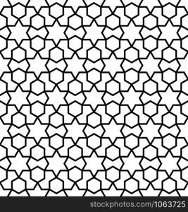 Seamless geometric ornament based on traditional arabic art. Muslim mosaic.Black and white lines.Great design for fabric,textile,cover,wrapping paper,background,laser cutting.Thick lines.. Seamless arabic geometric ornament in black and white.