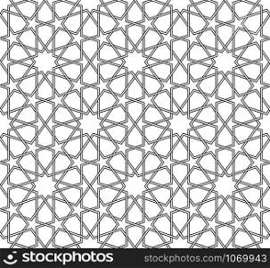Seamless geometric ornament based on traditional arabic art. Muslim mosaic.Black and white lines.Great design for fabric,textile,cover,wrapping paper,background,laser cutting.Double twisted lines.. Seamless arabic geometric ornament in black and white.