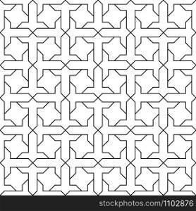Seamless geometric ornament based on traditional arabic art. Muslim mosaic.Black and white lines.Great design for fabric,textile,cover,wrapping paper,background,laser cutting.Average lines.. Seamless arabic geometric ornament in black and white.