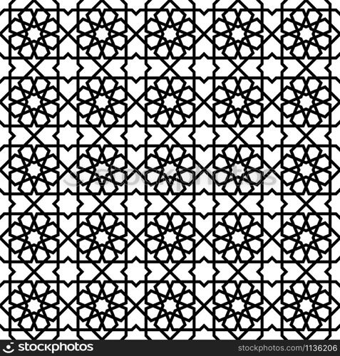 Seamless geometric ornament based on traditional arabic art. Muslim mosaic.Black and white lines.Great design for fabric,textile,cover,wrapping paper,background,laser cutting.Thick lines.. Seamless arabic geometric ornament in black and white.