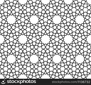 Seamless geometric ornament based on traditional arabic art. Muslim mosaic.Black and white lines.Great design for fabric,textile,cover,wrapping paper,background,laser cutting.Average thickness lines.. Seamless arabic geometric ornament in black and white.