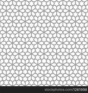 Seamless geometric ornament based on traditional arabic art. Muslim mosaic.Black and white lines.Great design for fabric,textile,cover,wrapping paper,background,laser cutting.Contoured lihes.. Seamless arabic geometric ornament in black and white.