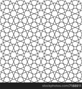 Seamless geometric ornament based on traditional arabic art. Muslim mosaic.Black and white lines.Great design for fabric,textile,cover,wrapping paper,background.Lines of average thickness.. Seamless arabic geometric ornament in black and white.Arabic style.