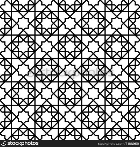 Seamless geometric ornament based on traditional arabic art. Muslim mosaic.Black and white lines.Great design for fabric,textile,cover,wrapping paper,background.. Seamless arabic geometric ornament in black and white.