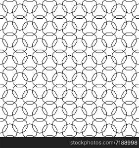 Seamless geometric ornament based on traditional arabic art. Muslim mosaic.Black and white lines.Great design for fabric,textile,cover,wrapping paper,background.Average thickness lines.. Seamless arabic geometric ornament in black and white.