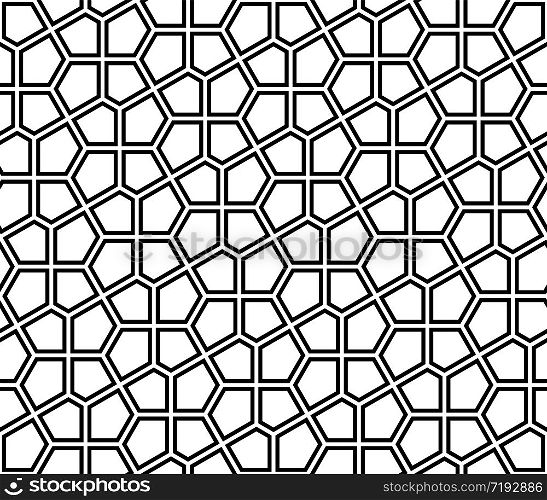 Seamless geometric ornament based on traditional arabic art. Muslim mosaic.Black and white lines.Great design for fabric,textile,cover,wrapping paper,background.Average thickness.Doubled lines.. Seamless arabic geometric ornament in black and white.
