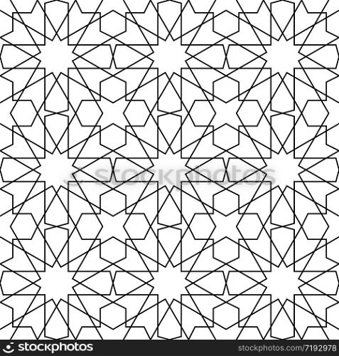 Seamless geometric ornament based on traditional arabic art. Muslim mosaic.Black and white lines.Great design for fabric,textile,cover,wrapping paper,background,laser cutting.Average thickness.. Seamless arabic geometric ornament in black and white.