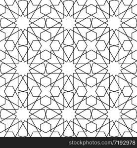 Seamless geometric ornament based on traditional arabic art. Muslim mosaic.Black and white lines.Great design for fabric,textile,cover,wrapping paper,background,laser cutting.Average thickness.. Seamless arabic geometric ornament in black and white.