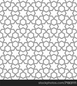 Seamless geometric ornament based on traditional arabic art. Muslim mosaic.Black and white lines.Great design for fabric,textile,cover,wrapping paper,background,laser cutting. Outlines.. Seamless arabic geometric ornament in black and white.
