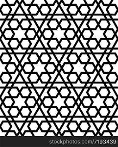 Seamless geometric ornament based on traditional arabic art. Muslim mosaic.Black and white lines.Great design for fabric,textile,cover,wrapping paper,background,laser cutting.Thick lines.. Seamless arabic geometric ornament in black and white.